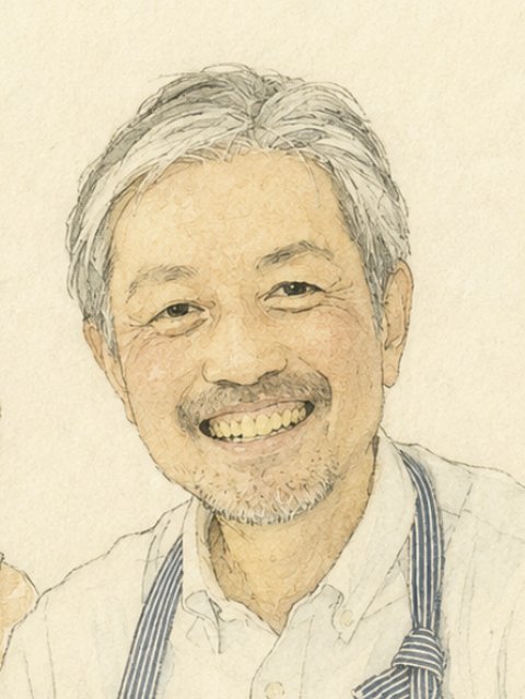 本と吉日 店主・日丸邦彦さんの似顔絵イラスト。エプロン姿で笑顔の日丸さん