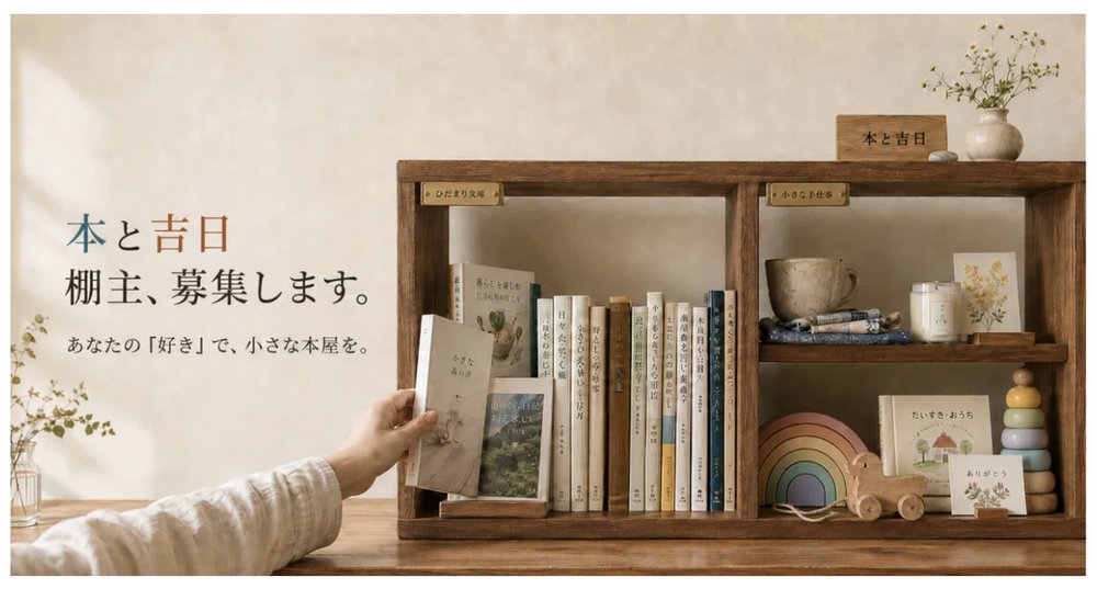 本と吉日 棚主募集のお知らせ。木の棚に本や雑貨が並び、手が一冊の本を選ぶ様子
